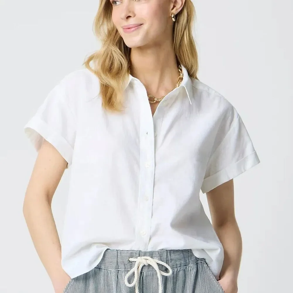 J Crew Shirt Womens Small White Linen Blend Button Up Short Sleeve Top CK744 NWT